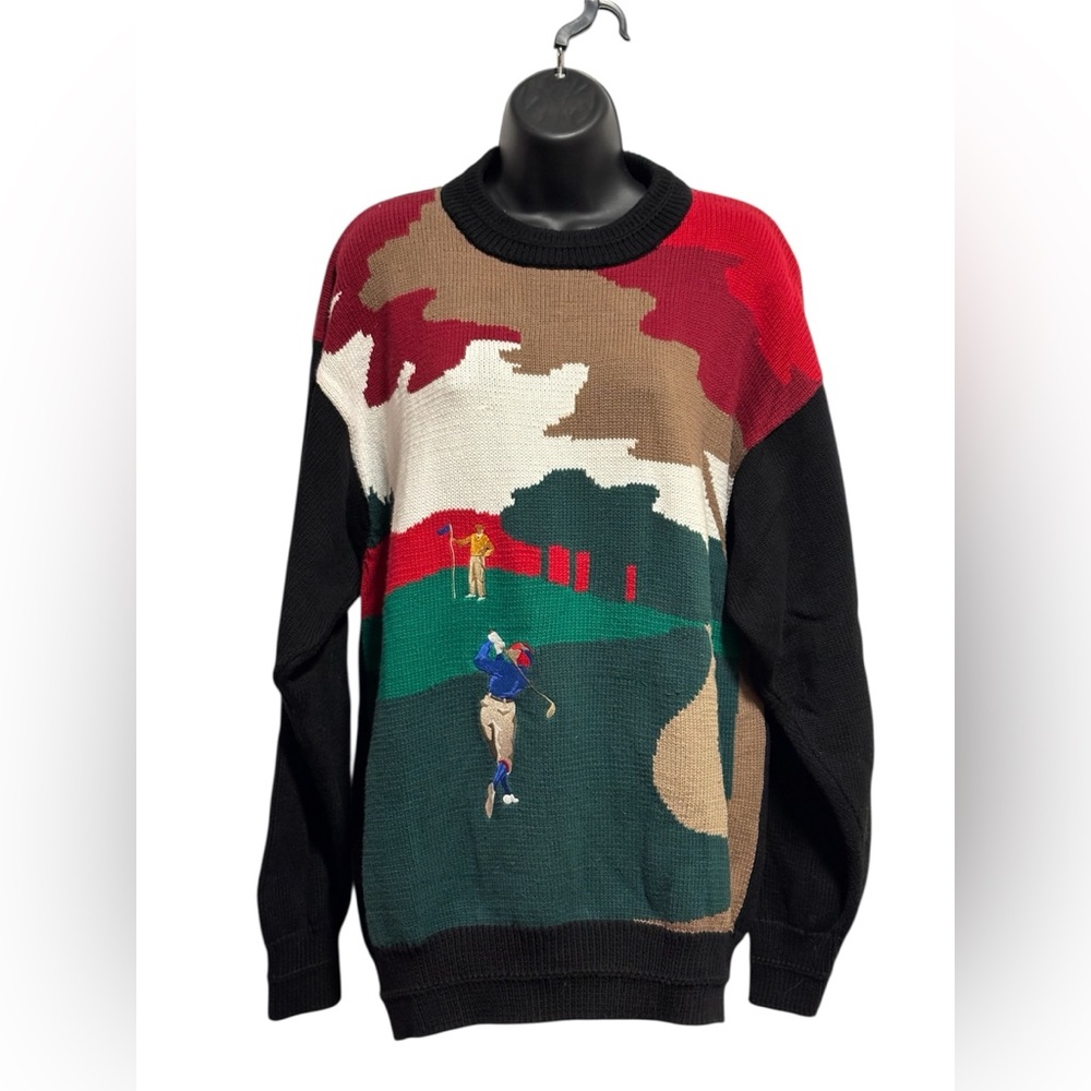 Vintage Cotton Traders Colourful Golf Embroidered Scene Sweater